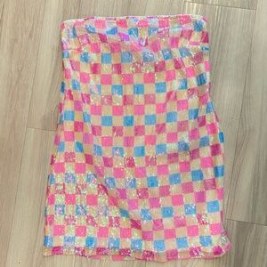 Show Me Your MuMu Strapless Pink and Blue Checkered Dress